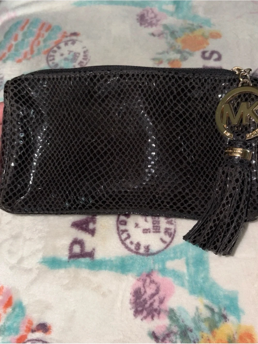 Michael Kors Black Snake-Embossed Cosmetic Pouch with Logo Charm